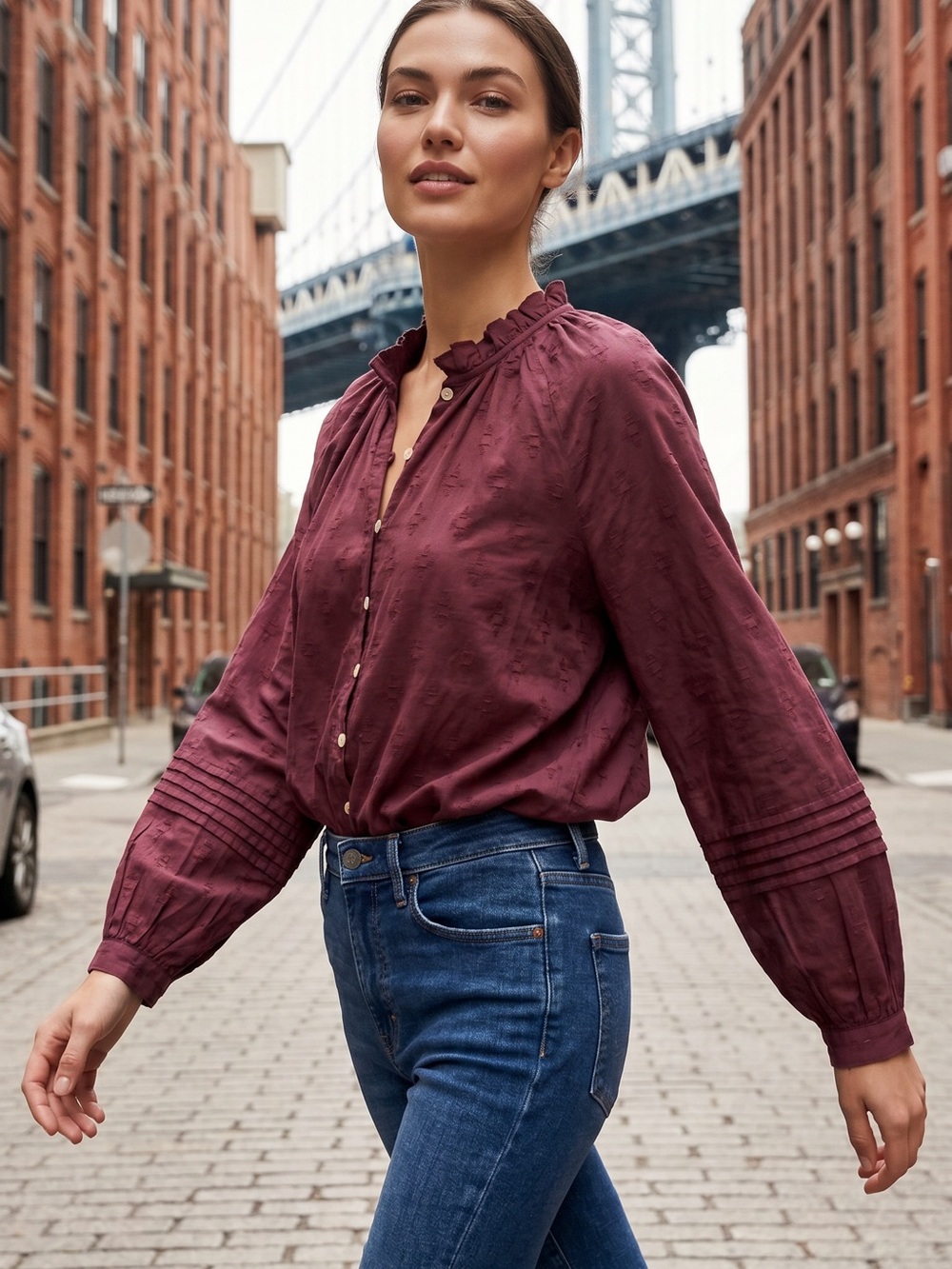 Anthropologie Burgundy Ruffle-Collar Button Front Blouse
